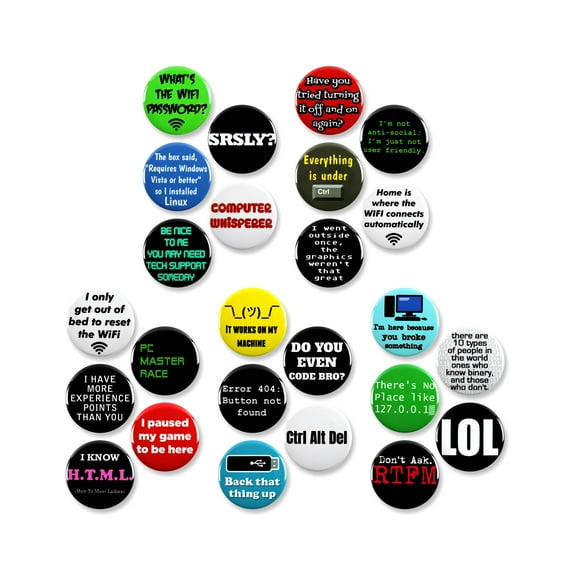 25 Pack - Geeky Computer Humor Megapack Pinback Buttons - 1.5 Inch