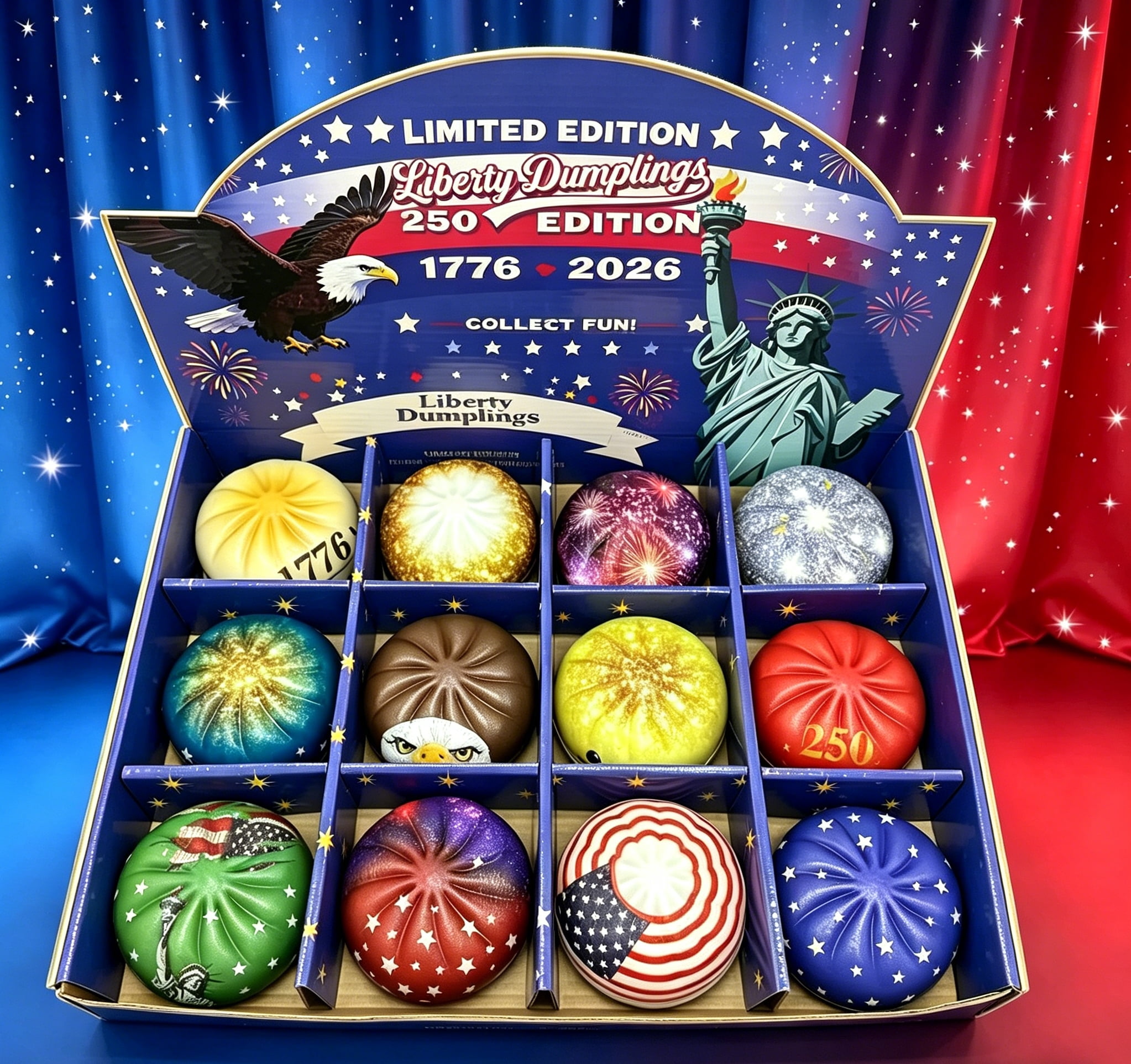 12 Pcs Liberty Dumplings 1776-2026 USA 250 Year Anniversary Dumpling Squishies, Squishy Fidget Fidget Toys for Anxiety Relief, 250 Anniversary USA Giant Glitter Dumplings Box for Adults (Muticolor)