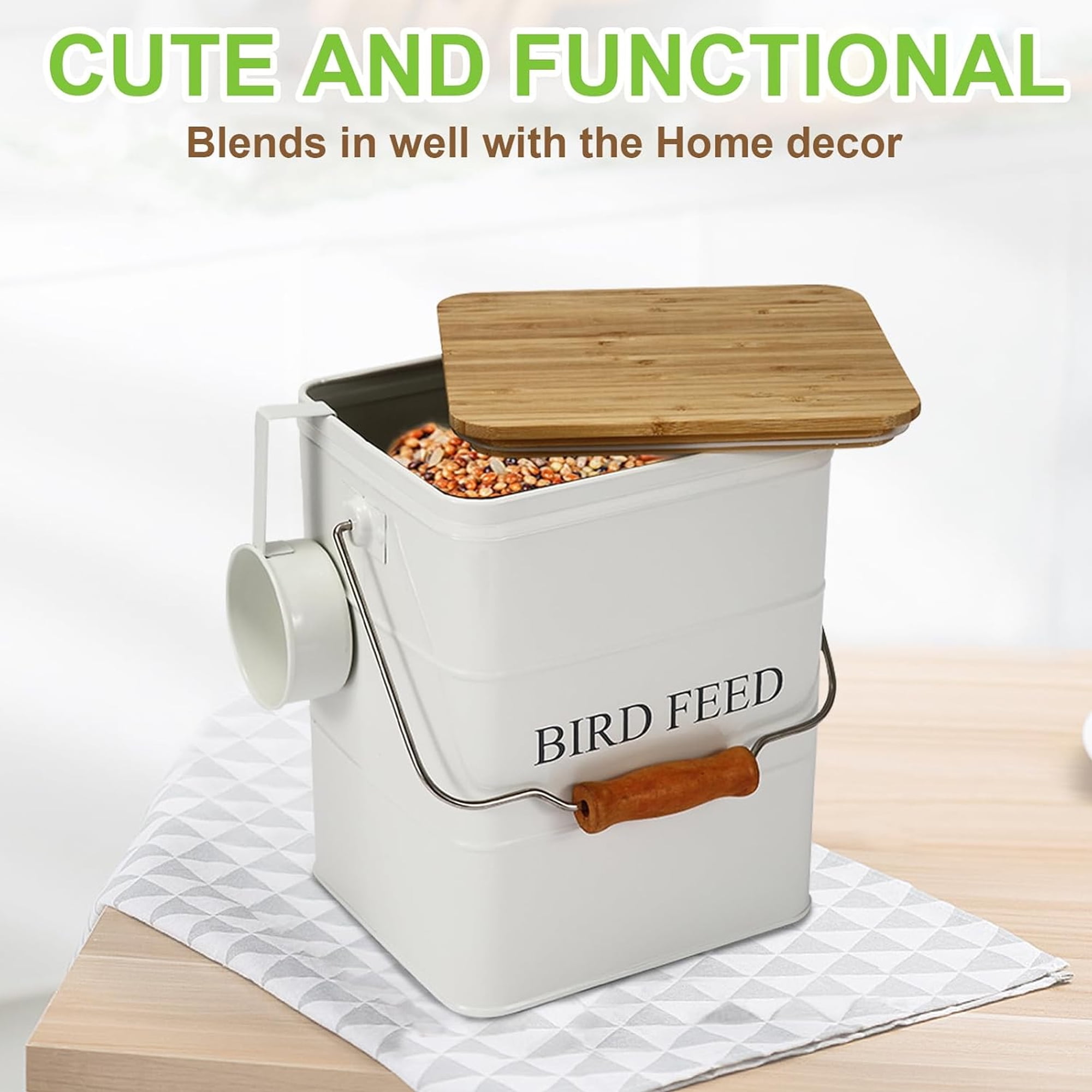 Brabtod Seed Storage Container & Pet Food Storage Container Airtight Metal Food Tin with Wooden Lid, Handle & Scoop, Holds 5-6 lbs, Ideal for Bird Seed, Dog & Cat Food Storage