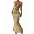 thumbnail image 2 of Women'S Two Piece Outfits Twist Front Halter Tops and Skirt Summer Set Khaki XS, 2 of 9