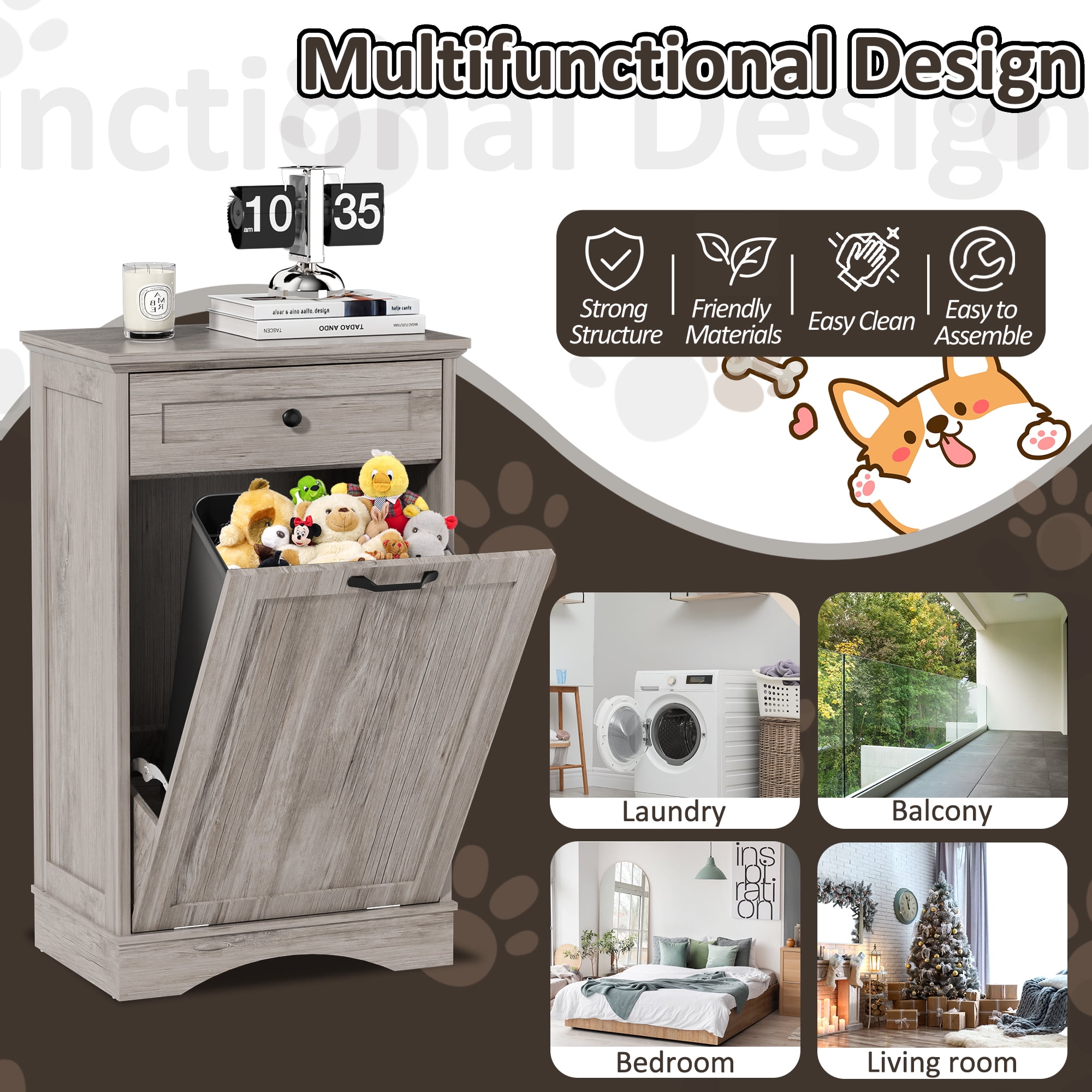HARIPUL 13 Gallon Tilt Out Trash Cabinet for Kitchen, Single Kitchen Trash Can Cabinet with Drawers, Light Brown