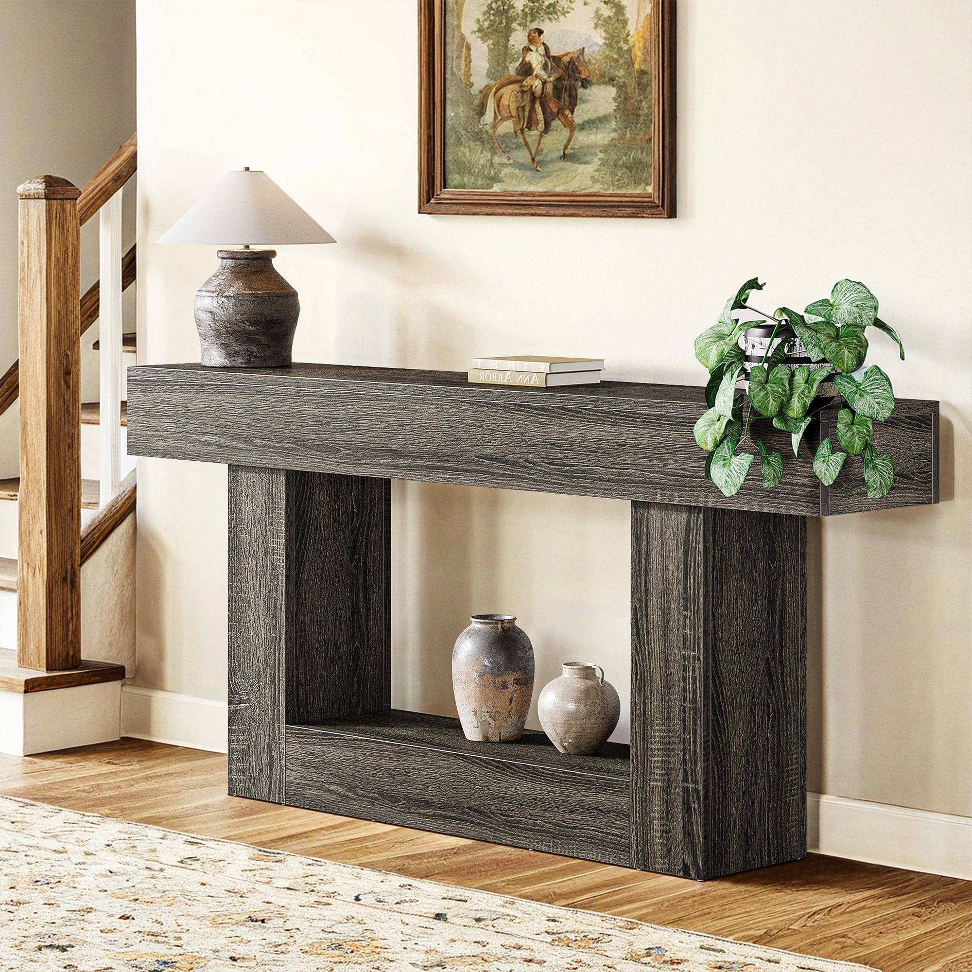 Demi Bonn 63" Wood Console Table, Farmhouse 2-Tier Sofa Table Entryway Table, Foyer Display Table, Dark Gray
