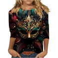 thumbnail image 2 of TMOYZQ Mardi Gras Shirt Women 3/4 Sleeve Mask Graphic Print Tshirt Crazy Street Carnival Themed Party Tee Tops, 2 of 5