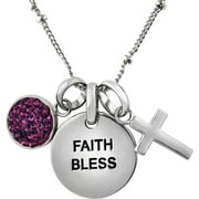Pink Crystal Rhodium-Tone "Faith/Bless" Pendant Necklace, 18"