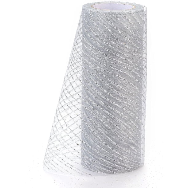 1 rollo de cintas de malla decorativa con purpurina, tela de tul para decoración de bodas, fiestas, faldas, decoración, color plateado, 15 cm (5,9 pulgadas), 10 yardas/rollo