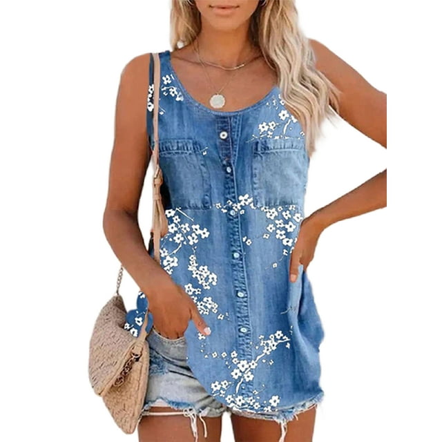LUXUR Ladies Tops Solid Color Tank Button Denim Vest Loose Tee Shirt Floral Print Blouse Floral Sky Blue 3XL