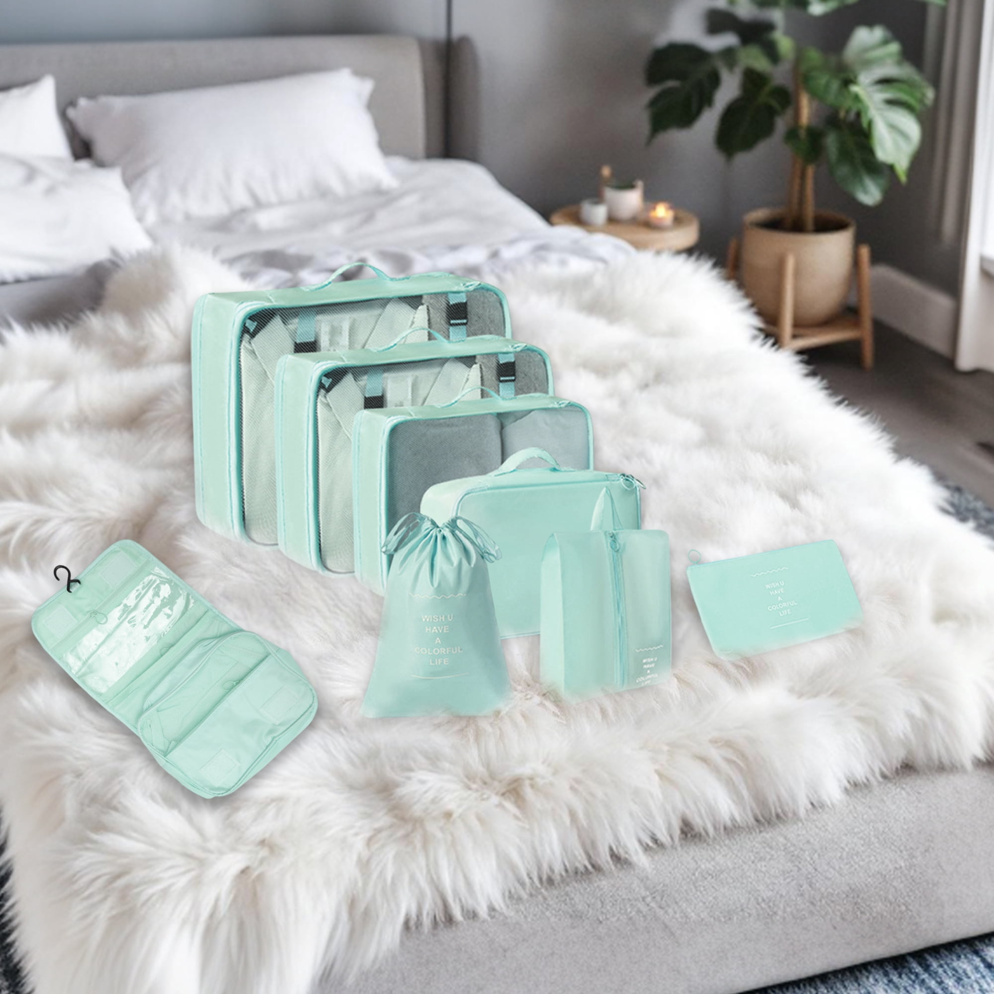 Unique Bargains 8 Pcs Portable Packing Cube Set for Luggage Light Blue
