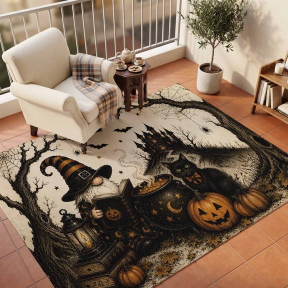 Area Rugs 5'x7', Black Gnomes Halloween Carpet Runner Indoor Outdoor Rugs Home Decor Aesthetic, Pumpkins Cats Castle Brown Non Slip Mats Washable Accent Rug for Living Room Bedroom