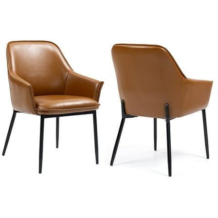 Set of 2 Berenice Light Brown Faux Leather Upholstered Dining Chair with Black Iron Legs