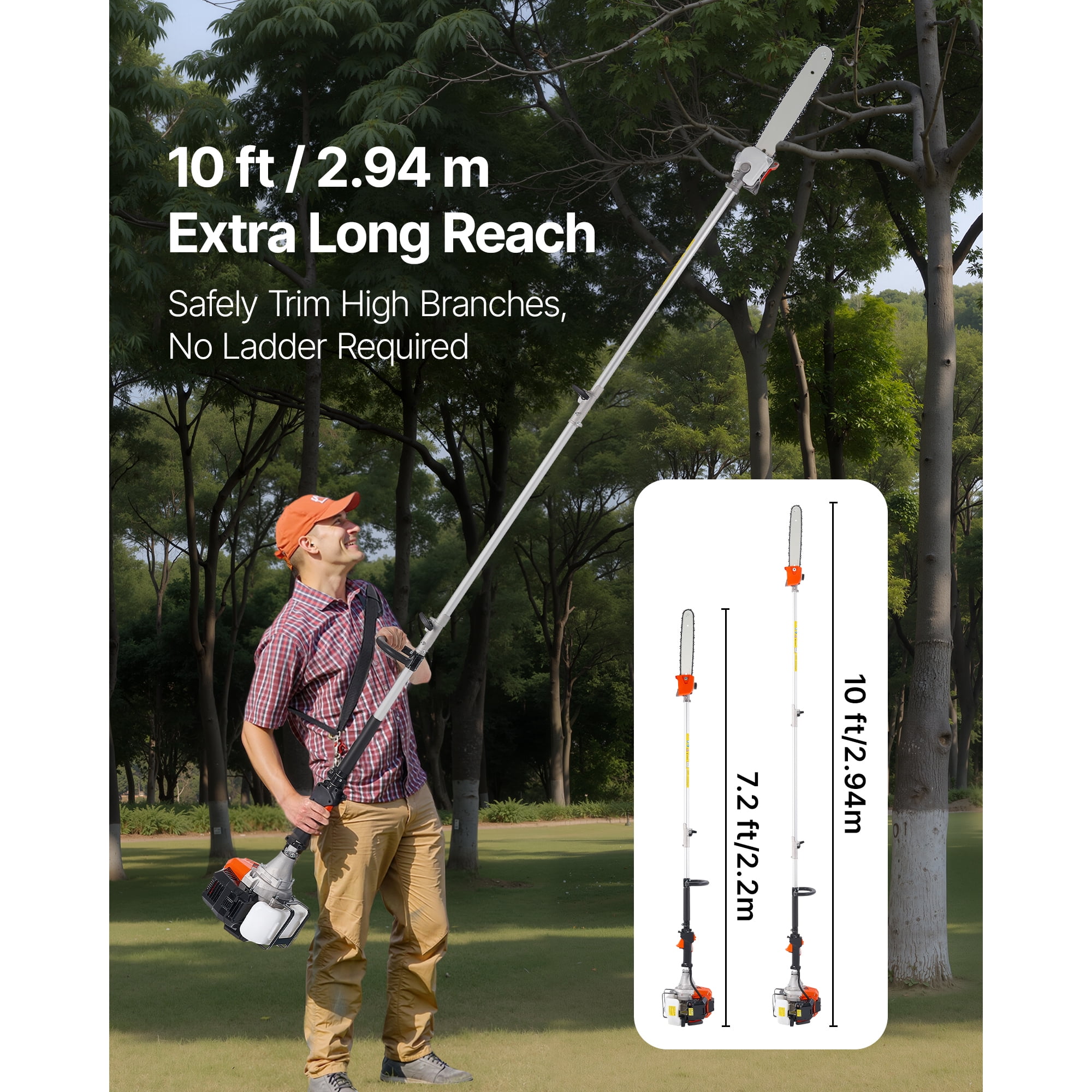 KFFKFF Gas-Powered Pole Saw, 52CC 2-Stroke Engine with 14-Inch Cutting Bar, Cordless Tree Trimmer Featuring 30 fl.oz Fuel Tank, Adjustable Length from 7.2 to 10 ft, Efficient Chainsaw