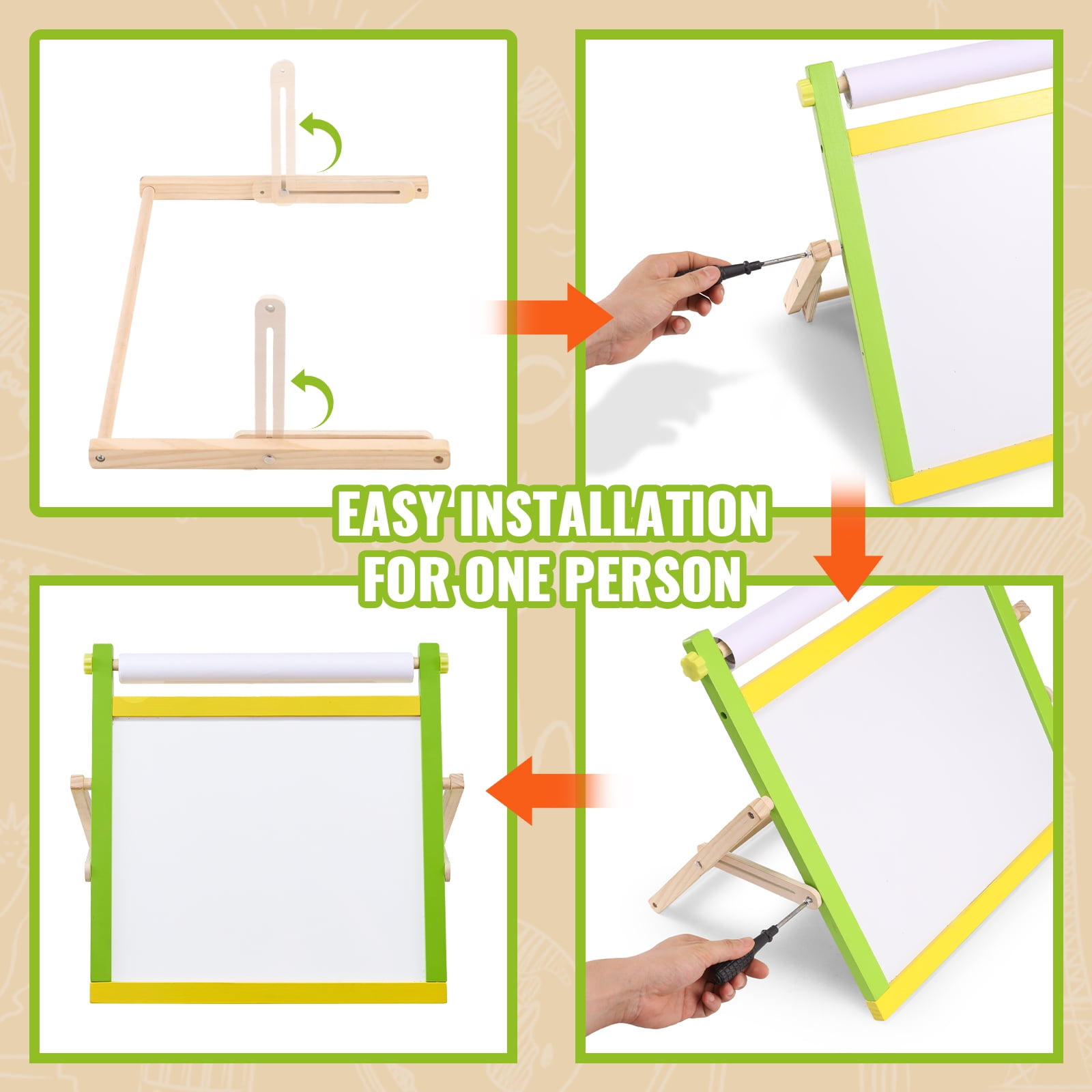 VEVOR Tabletop Art Easel for Kids, 3-in-1 Wooden Double-Sided Kides Art Easel with Magnetic Whiteboard, Chalkboard, Paper Roll, Foldable Portable Drawing Board with Painting Accessories