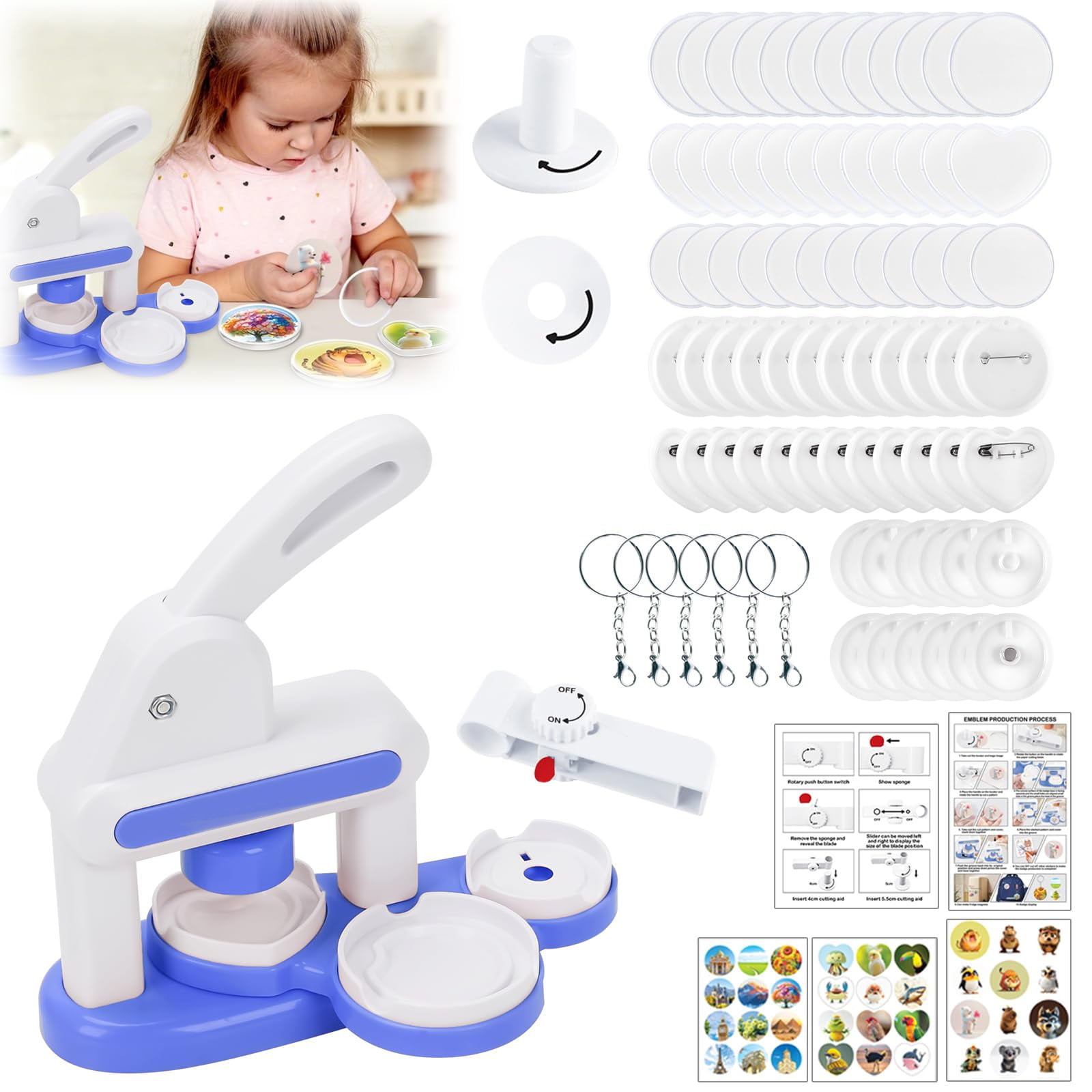 Badge Maker Machine for Kids, DIY Pin Button Maker Press Machine Badge Punch Kit with 86 pcs Button Parts Pictures Cutter,Arts & Crafts for Kids, Perfect for School Projects & Party, Pink
