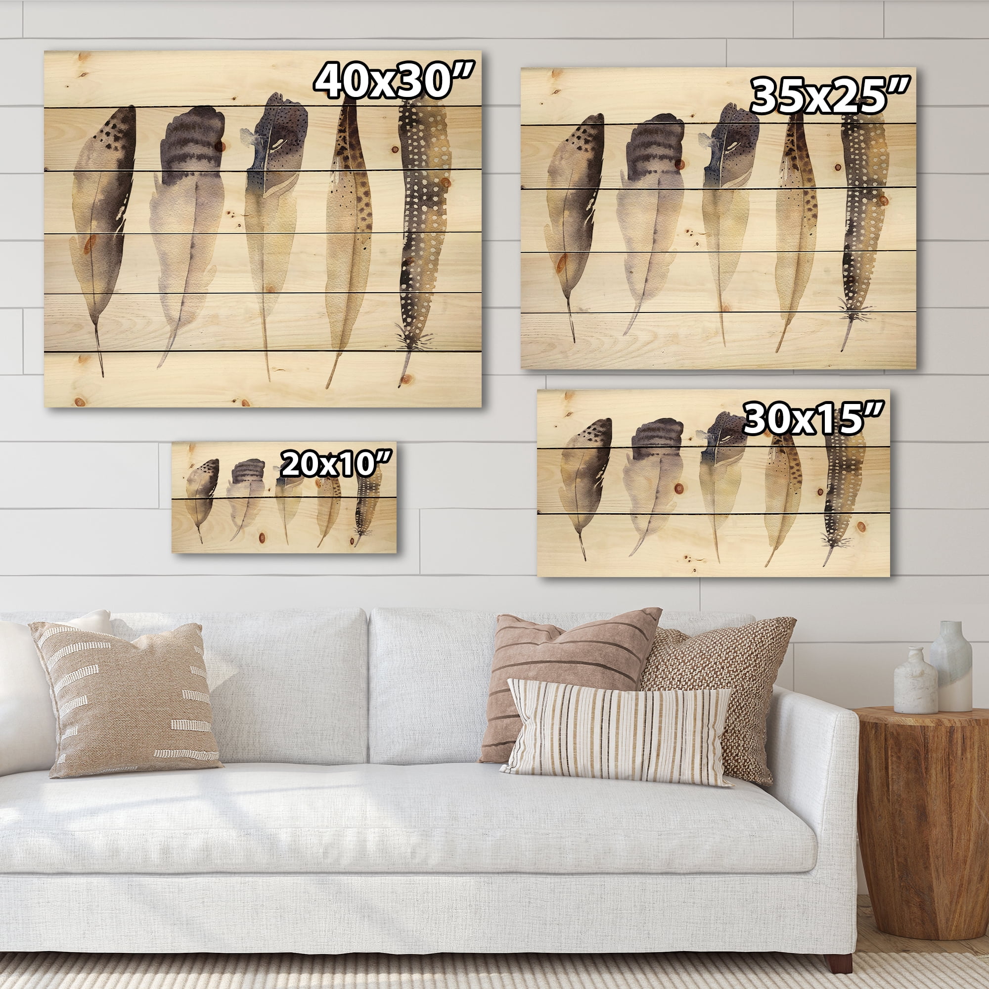 Designart 'Dark Gray Feathers Boho Ethnic II' Bohemian & Eclectic Print on Natural Pine Wood