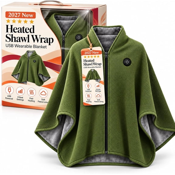 Wearable USB Heated Blanket Shawl, 3 Heat Settings and Zip Front