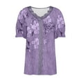 thumbnail image 4 of WXLWZYWL Womens Summer Tops Casual Short Sleeve Printed Lace Stitching V-Neck Basic Tunic Tops T-Shirts Blouses Purple, 4 of 5