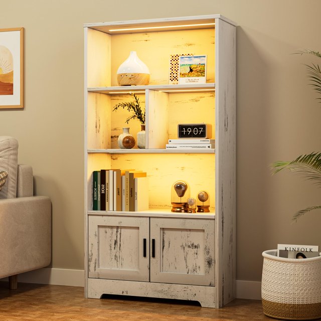 Wood Bookcase with Doors White Bookshelf with LED Lights Modern Storage Rack 3 Shelf Standing Bookshelves Large Display Shelf Unique Book Shelf for Bedroom, Living Room, Home Office
