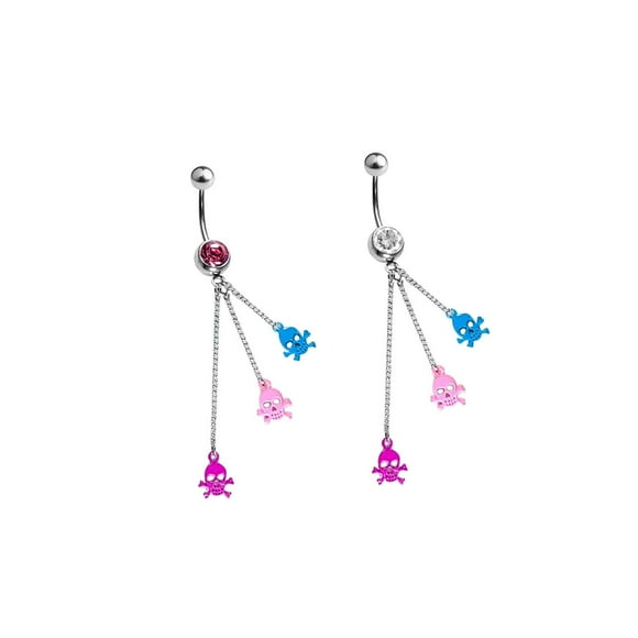 Belly Navel Ring Dangle CZ Jewel Triple Colorful Skull Charms Surgical Steel 14g