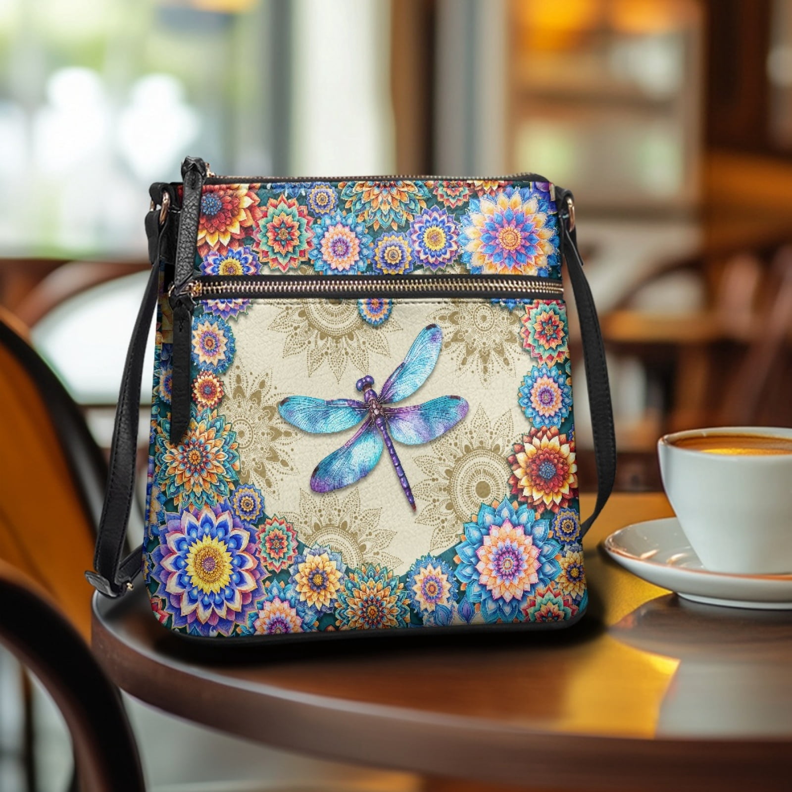 ZUXONGSY Boho Mandala Dragonfly Print Leather Crossbody Bags for Women Casual Messenger Bag Shoulder Purse Bag Waterproof Multiple Pockets Bag with Shoulder Strap for Dating Workout