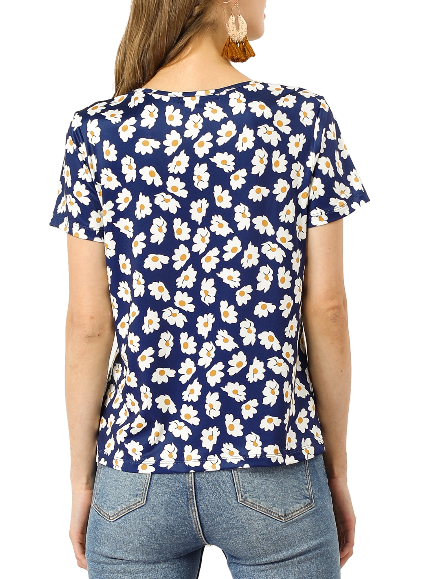 Unique Bargains Women's Daisy Floral Print Summer Crew Neck Short Sleeve Top
