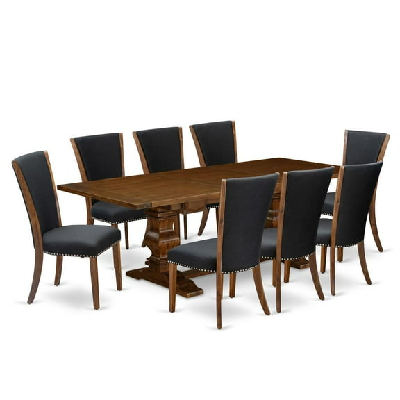 East West Furniture LAVE9-88-24 9Pc Dining Room Table Set Consists of a Kitchen Table and 8 Parsons Dining Room Chairs with Black Color Linen Fabric, Antique Walnut Finish