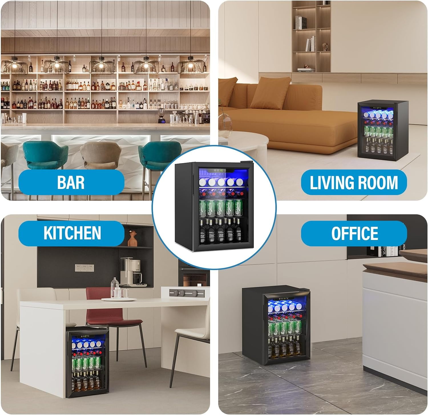 Compact Freestanding Beverage Refrigerator, 95 Can/2.6 Cubic Feet Mini Fridge with Reversible Glass Front Door for Soda, Beer, or Wine, Under Counter Small Refrigerator 3 Adjustable Shelves