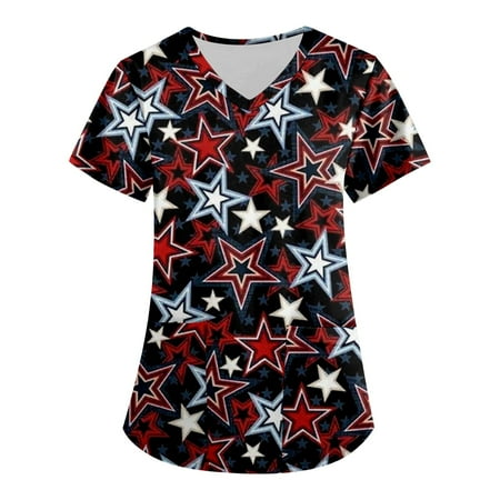 

Sksloeg Womens Scrubs Tops Plus Size Breathable American Star Stripes Pattern Shirts Tee Tops Short Sleeve V-Neck Nursing Working Uniform with Pockets Dark Blue M