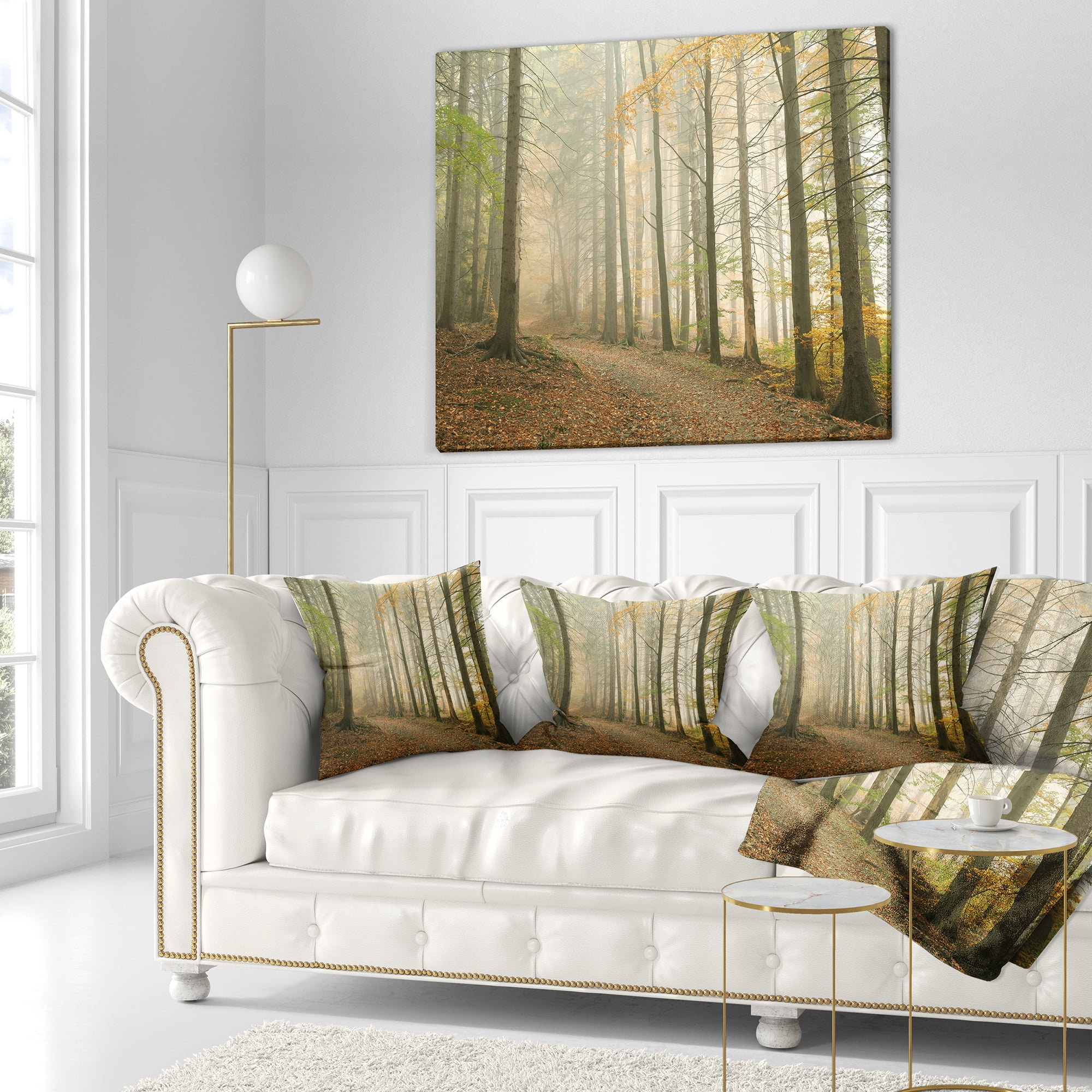 Designart Path in Misty Autumn Forest - Landscape Photography Throw Pillow - 18x18