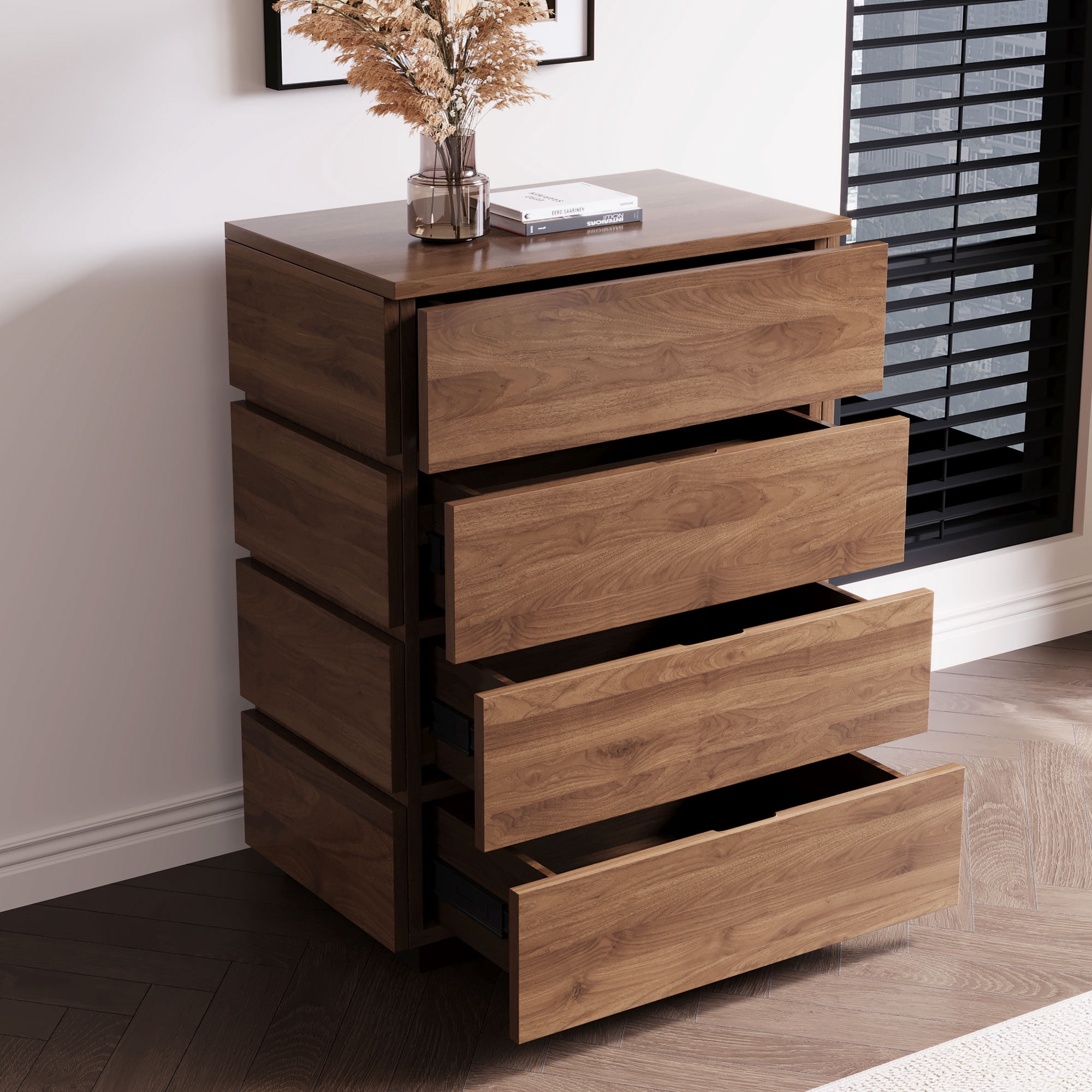 NessCarsti Modern Storage Cabinet with 4 Drawers and Shelves, Walnut Brown, 21.65"