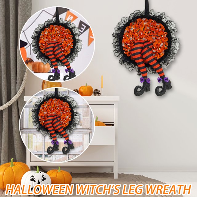 Corona de bruja para Halloweencorona de pared para puerta delantera con encaje de piernas de bruja (naranja) Ndcxsfigh Para estrenar