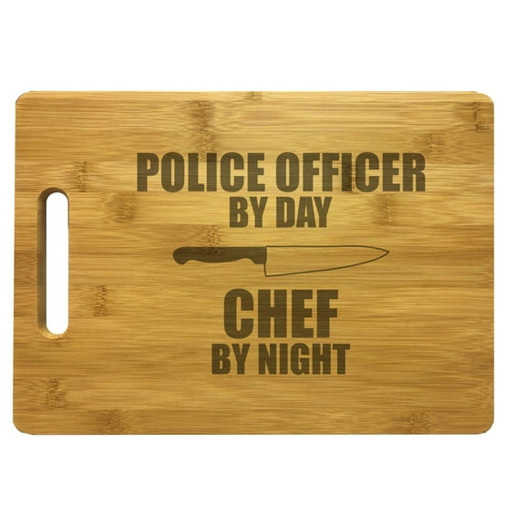 PrecisionNC Law Enforcement Gifts Police Officer by Day Chef by Night Engraved Large Sized Natural Wood Cutting Board Bamboo