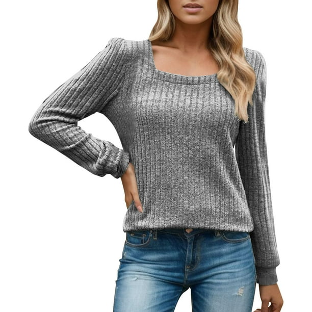 Gibobby Blusa Manga Larga Mujer Top de manga larga con burbujas de franela de punto de color liso para mujer(Gris, M)