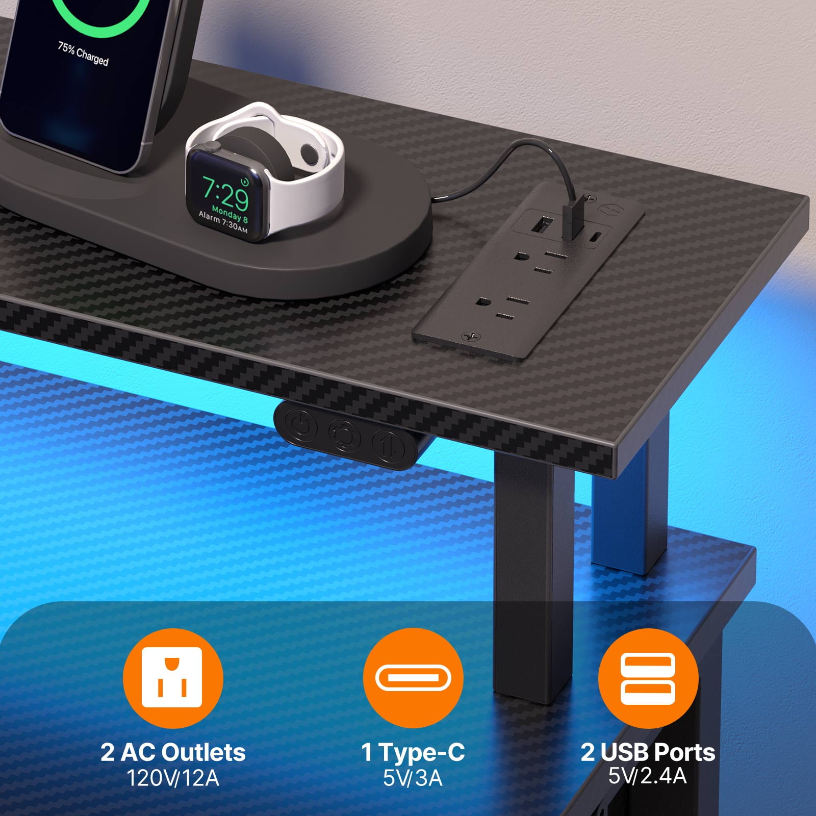 Greenstell 39" Computer Desk with Built-in Outlets & LED, 3-Drawer Office Desk with Monitor Stand, Black