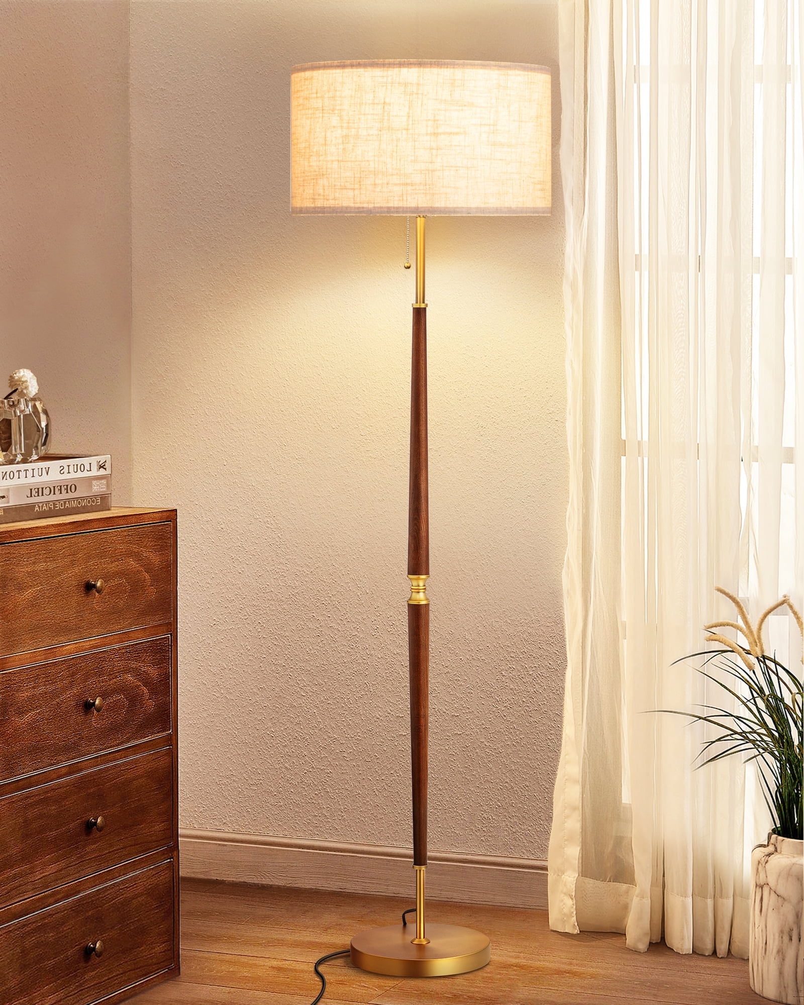 EDISHINE 62 inch Vintage Floor Lamps for Living Room, Retro Floor Lamps, Contemporary Wooden Standing Lamp with Chain Switch,Gold