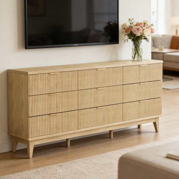 Fluted Oak Bedroom Dresser, 9 Drawers, 56.7" Wide, Golden Handles, TV Stand & Storage Organizer