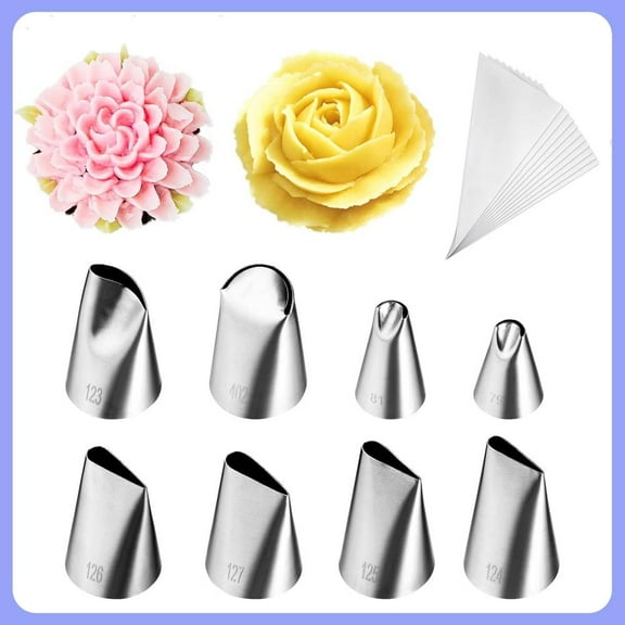 8 Pcs Rose Flower Piping Tips Set,Petal Icing Tips with 10 Pcs Disposable Piping Bags for Cake Decorating
