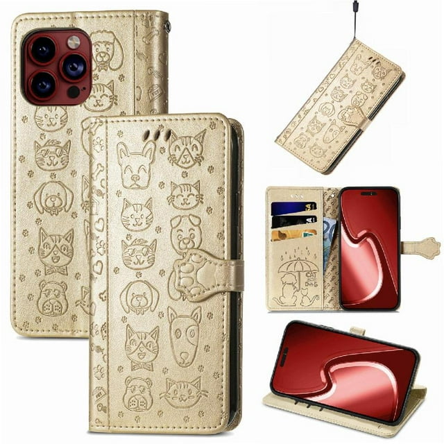 Funda Cartera FOXDOCK para iPhone 15 ProMax , Flip PU con Relieve de Gatos y Perros, Tarjetero y Soporte
