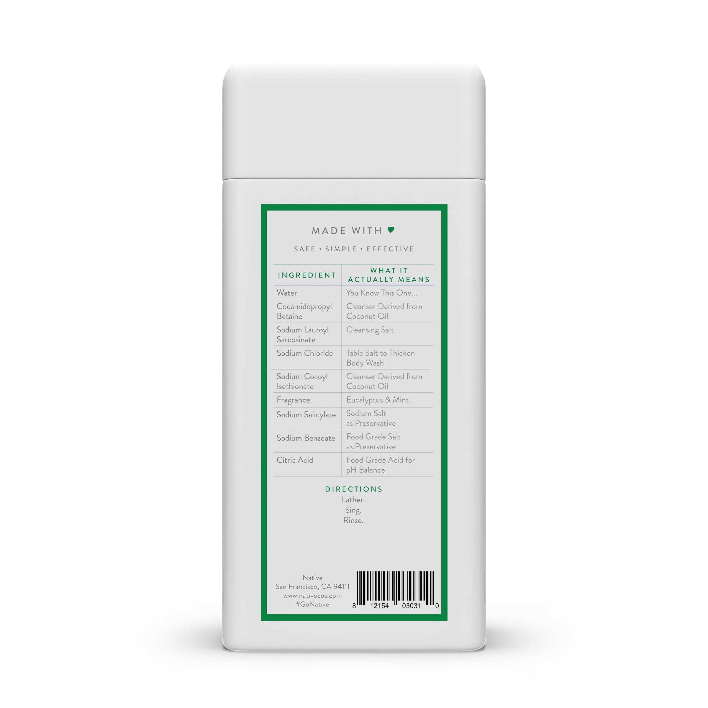 Native Natural Body Wash, Eucalyptus and Mint, Sulfate Free, 11.5 oz