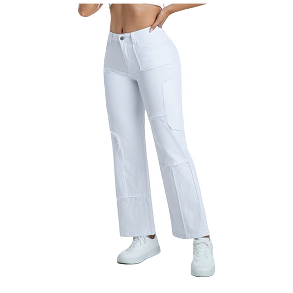 vigerkar Women's Trendy Mid Rise Jeans Stretchy Stitching Washed Boyfriend Straight Denim Pants (White, XXL)