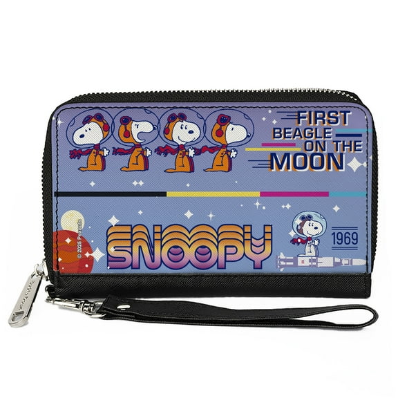 Peanuts Wallet, Zip Around, Snoopy First Beagle on the Moon Poses Blue Multi Color, Vegan Leather