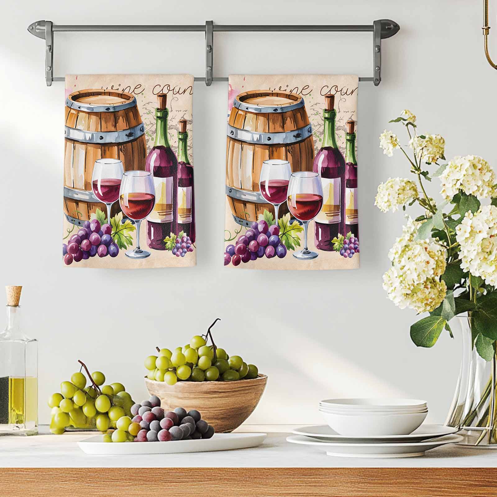 Dish Towels, Wine Cask Absorbent Kitchen Towels 2 PCS, Retro Farmhouse Grape Microfiber Hand Towels Dish Cloths Tea Towels for Home&nbsp;Bathroom Cleaning Drying,18X28-Inch,
