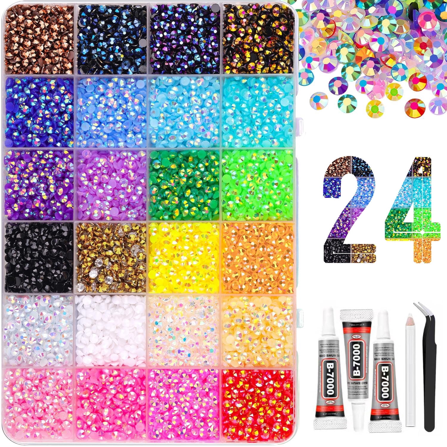 34000Pcs Bedazzling Kit with Rhinestones 3mm, 24 Colors Bedazzler Kit Resin Rhinestones Nail Gems & Glitter Gem Art Supplies, Diamond Art Kits Accessories with Pickup Pen, 3pcs 10ml B7000 Glue