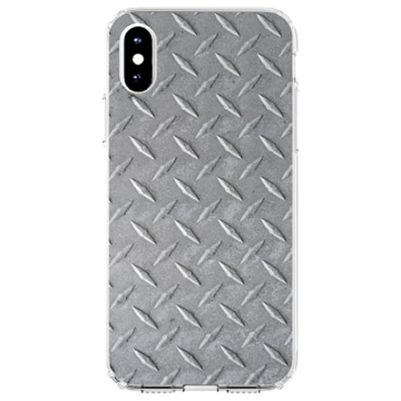 DistinctInk Clear Shockproof Hybrid Case for iPhone X / XS (5.8" Screen) - TPU Bumper, Acrylic Back, Tempered Glass Screen Protector - Grey Diamond Plate Steel Image Print - Printed Diamond Plate