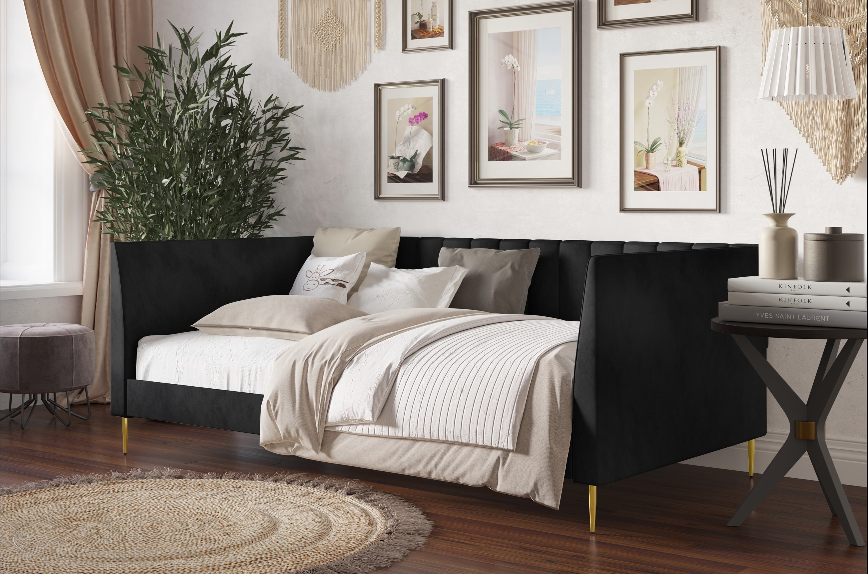 Home Design Dayton Twin Daybed, Black Velvet Upholstered Frame, Tuxedo Arms, Vertical Tufting, Plush Cushions, Gold Metal Legs for Stylish Seating & Sleeping