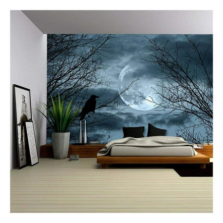 wall26 - Halloween Background with Spooky Forest and Full Moon - Removable Wall Mural | Self-Adhesive Large Wallpaper - 100x144 inches