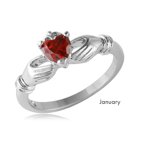 Rhodium Plated Sterling Silver 925 January Simulated Claddagh Ring Red CZ Jewelry Female Size 9