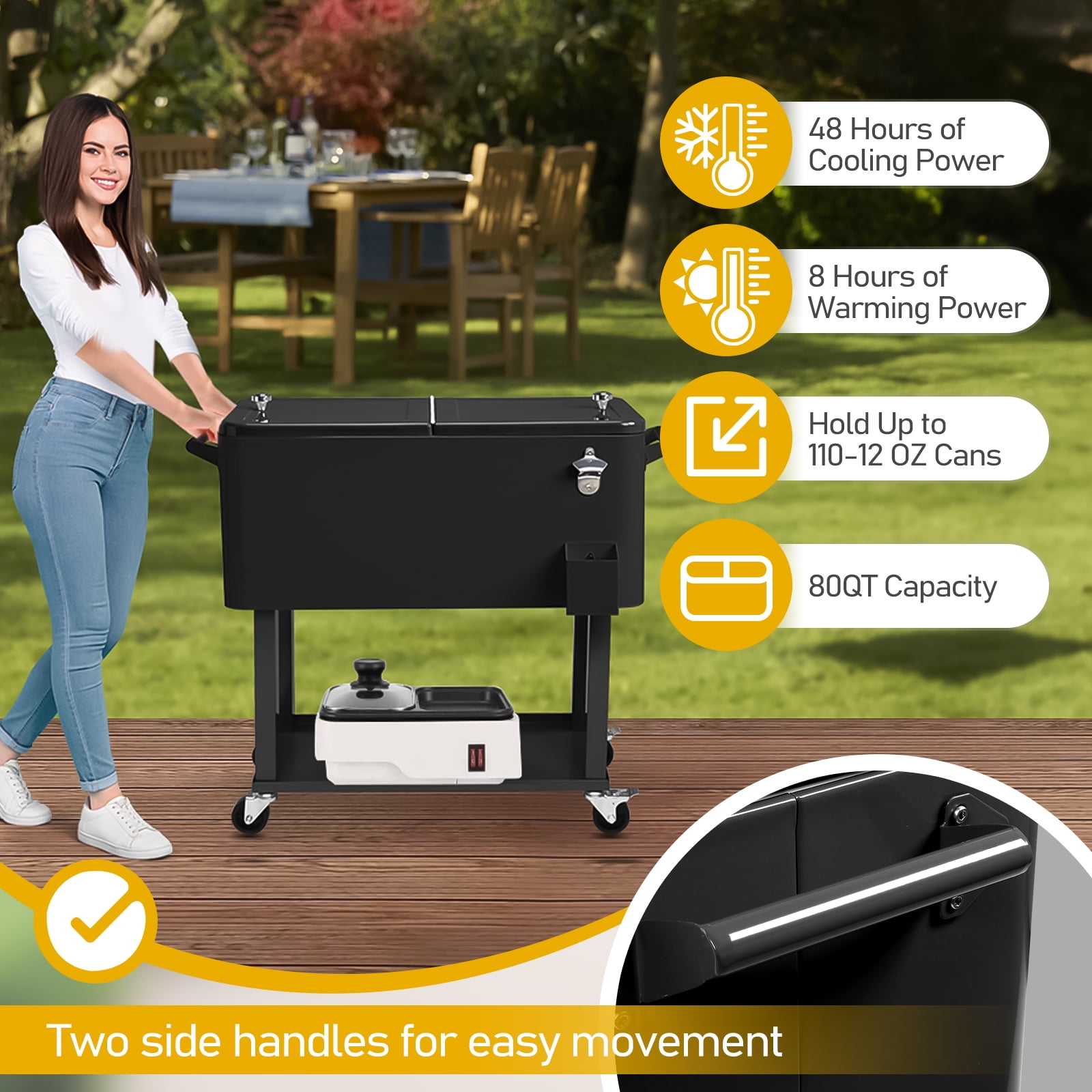 UBesGoo Outdoor Patio 80 quart Party Portable Rolling Cooler Wheeled Ice Chest Black