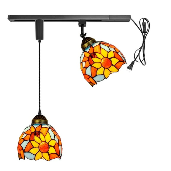 KAYYELAMP 1x Plug in Cable Track Rail, 1X Adjustable Cord, 1x Adjustable Angle Colorful Sunflowers Pattern Handmade Glass Tiffany H-Type Track Lighting Fixture for Kitchen Loft(No Bulb)