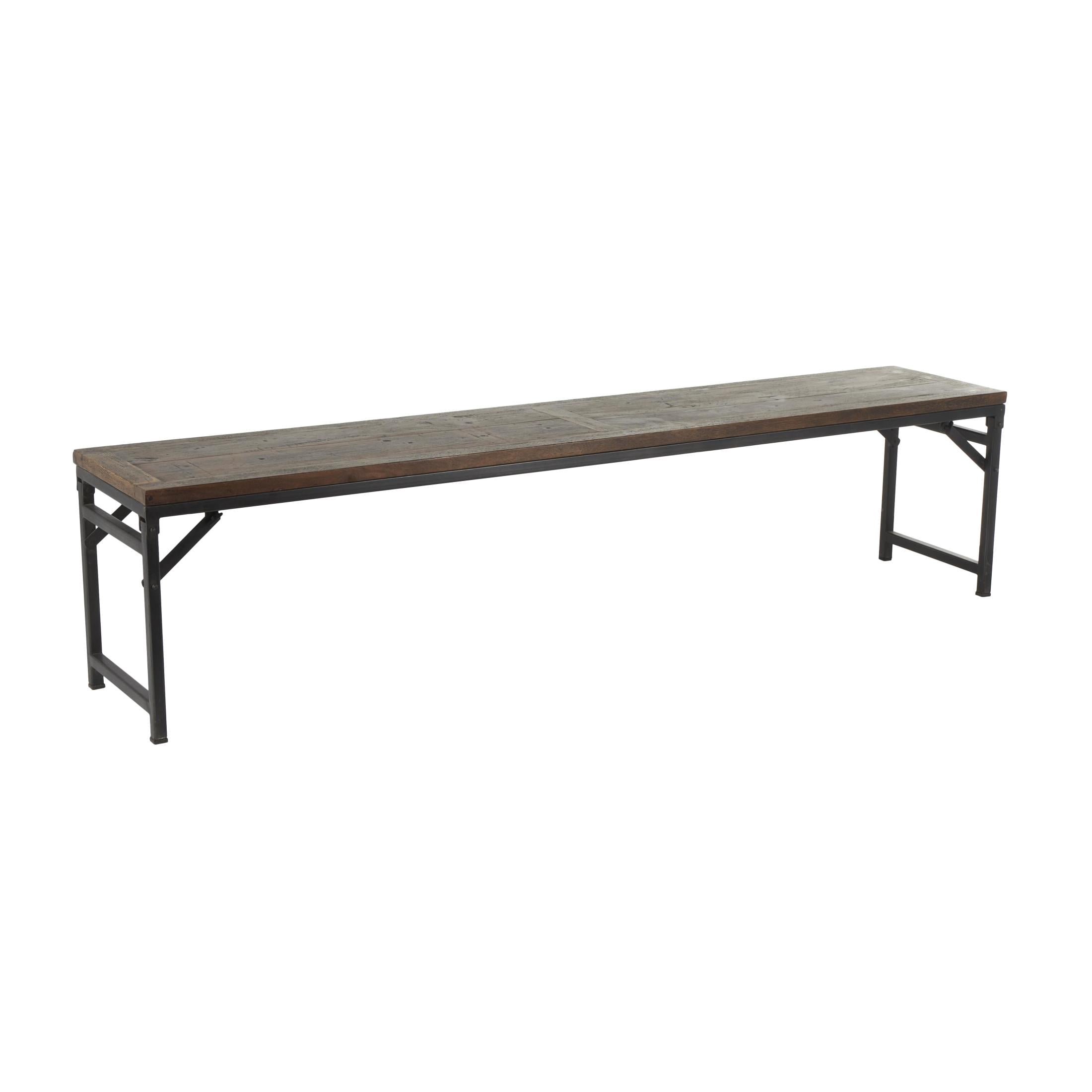 DecMode Teak Wood Long Bench with Black Metal Legs, Dark Brown