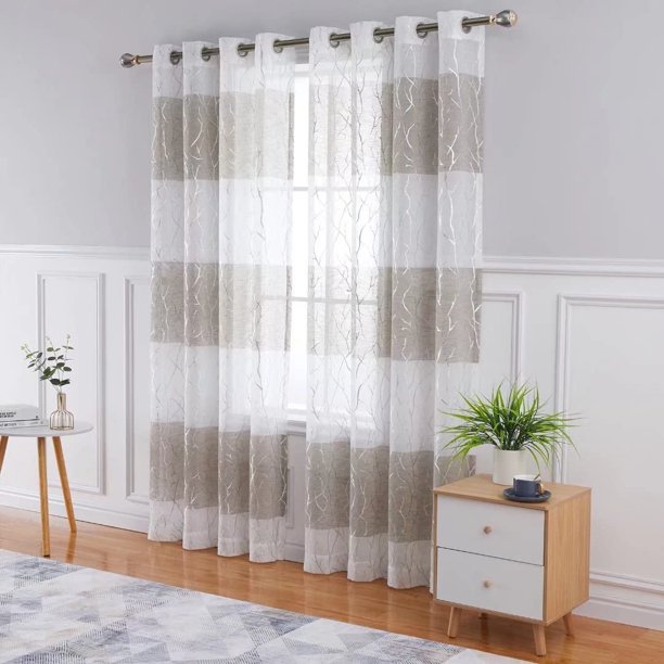 Cortinas transparentes grises con diseño de ramas de árbol plateadas, paneles de cortina para ventana de 63 pulgadas de largo para dormitorio y sala de estar, juego de 2 paneles de cortina, 52 x 63