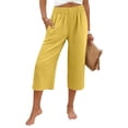 thumbnail image 2 of 2026 Summer Women Casual Wide Leg Capri Pants Elastic High Waist Cotton Linen Lounge Cropped Pants Lightweight Breathable Yellow L, 2 of 4